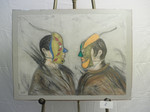 Two Masks Facing - Oil on Paper - 22x30